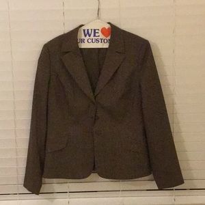 Brown three-button blazer with light blue striping